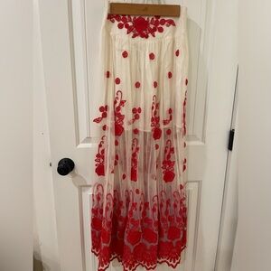 Free people cream and red maxi skirt. Size s elastic waist up to 34 inches